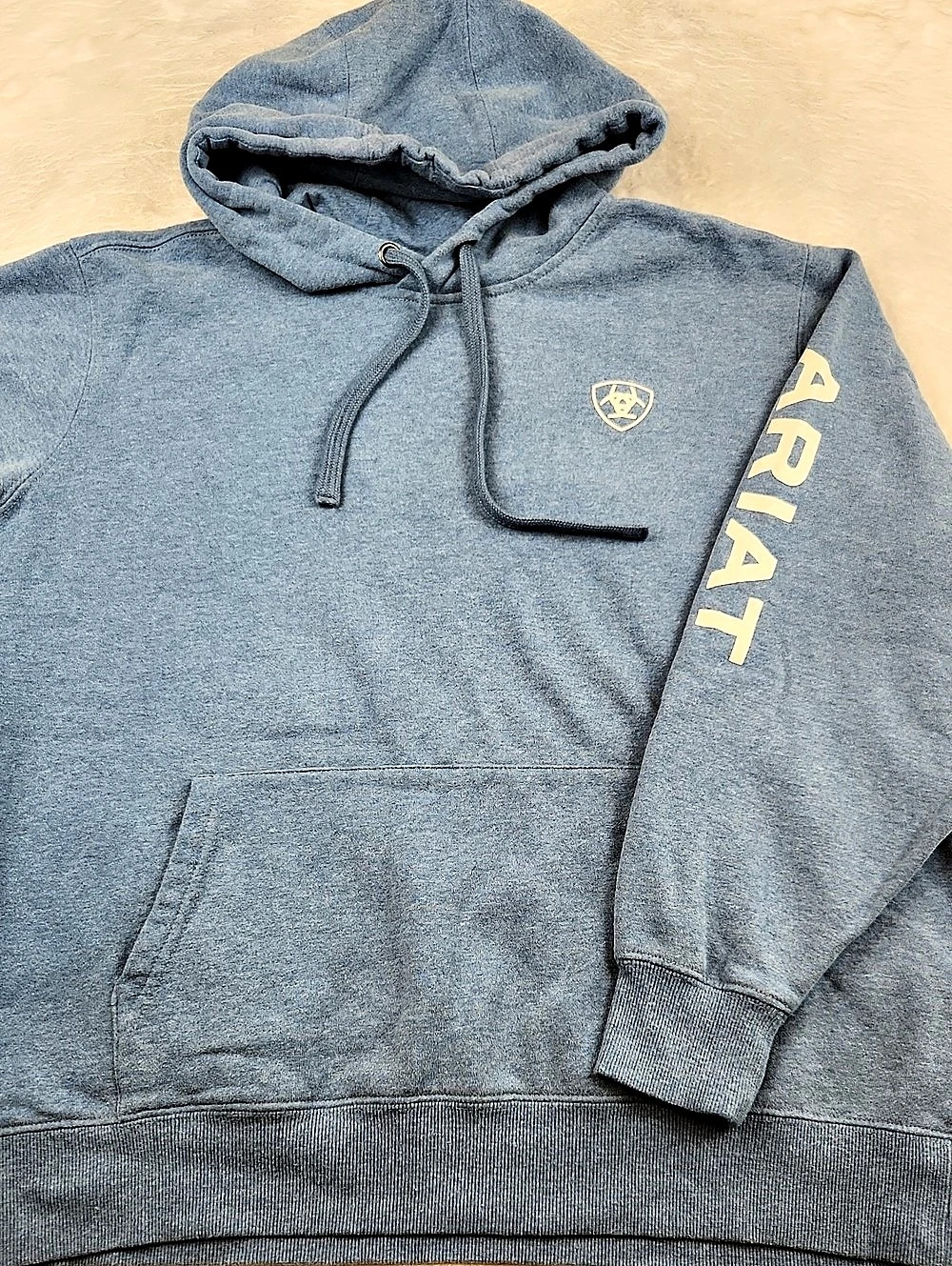 Ariat Women's Sleeve Logo Blue Drawstring Graphic Hoodie Size XL Kangaroo Pocket